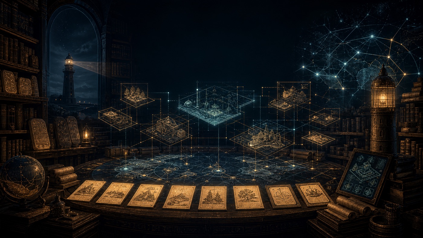 A dark scriptorium table covered with luminous maps, pattern cards, codices, and cyan federation lines.